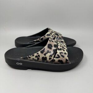 OOFOS OOahh Womens Size 10 Recovery Black Leopard Luxe Limited Slide Sandals